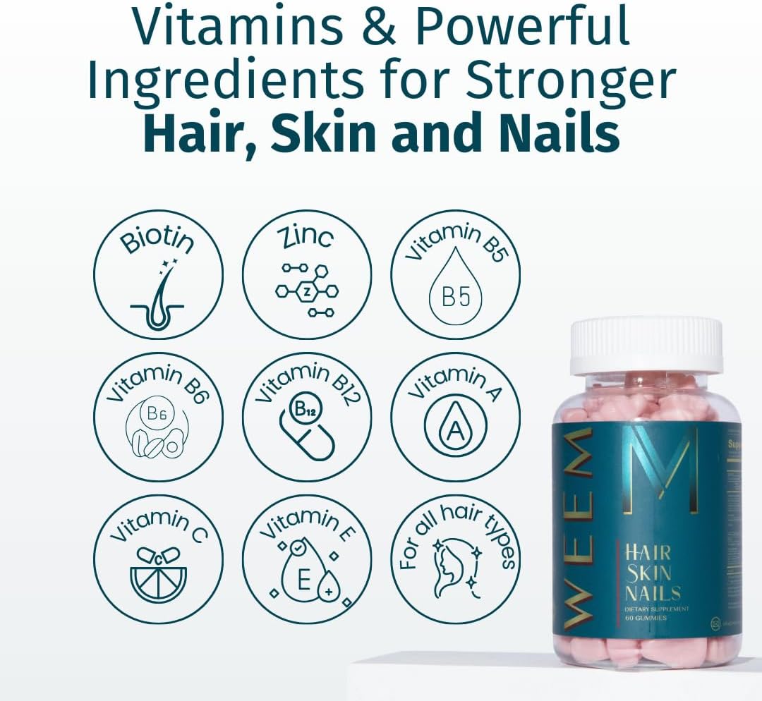 WEEM Hair Skin and Nails Gummies - Supports Healthy Hair - Vegan biotin Vitamins for Women & Men Supports Faster Hair Growth, Stronger Nails, Healthy Skin, Extra Strength
